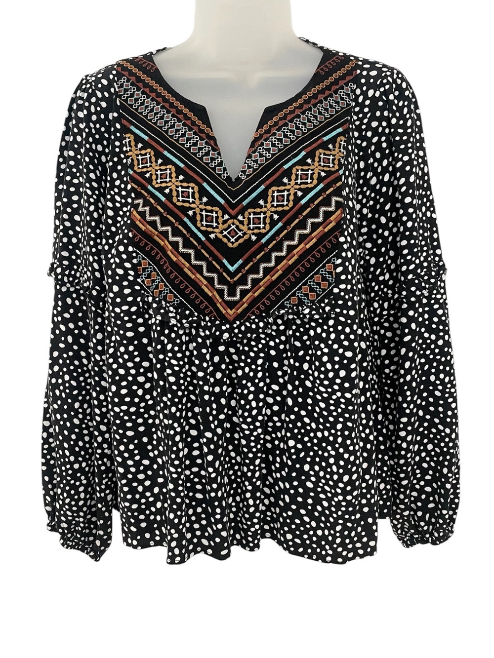 Savanna Jane Black & White Dot Print Peasant Blouse with Embroidere
